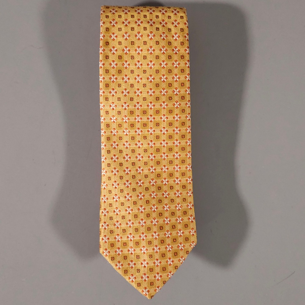 Hugo Boss Necktie Mens OS Yellow Geometric Floral Silk Made in Italy